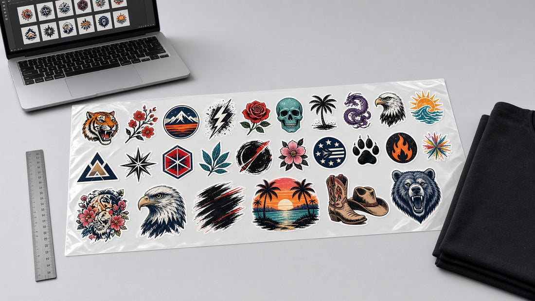 DTF gang sheet packed with colourful transfer designs, next to a laptop and a black t-shirt